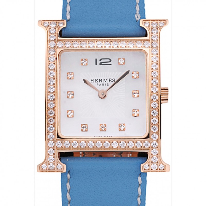 Cuero de Hermes Heure H de oro rosa con incrustaciones de diamantes Bisel correa de color azul Esfera Blanca 80238