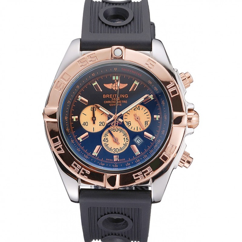 Breitling Dial Negro Bisel De Oro Rosa Y sub-esferas Caso de acero inoxidable correa de caucho Negro