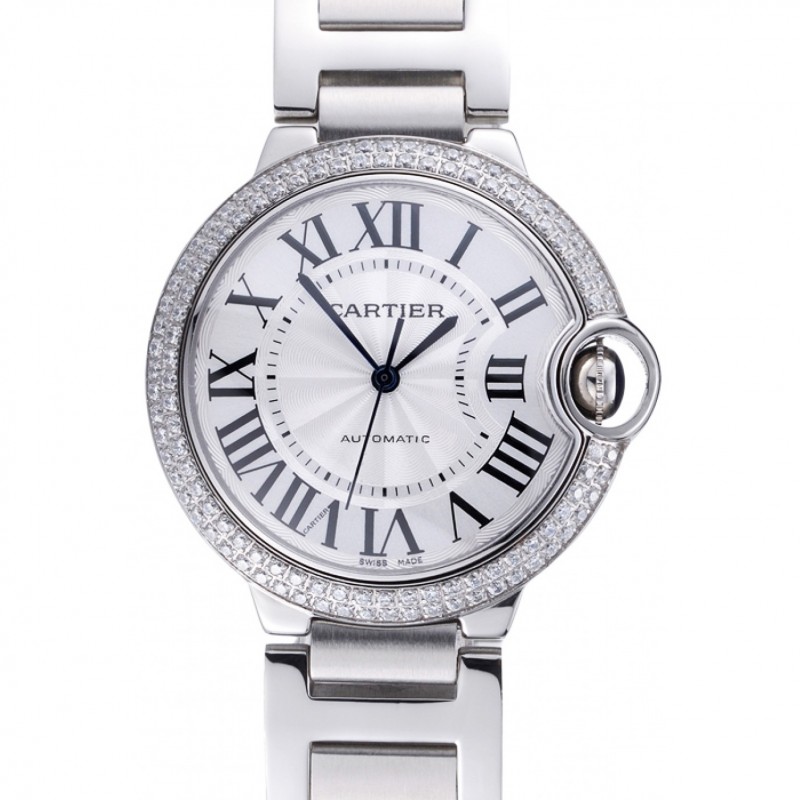 Suizo de plata Cartier Ballon Bleu Dial diamante pulsera de acero inoxidable Caso