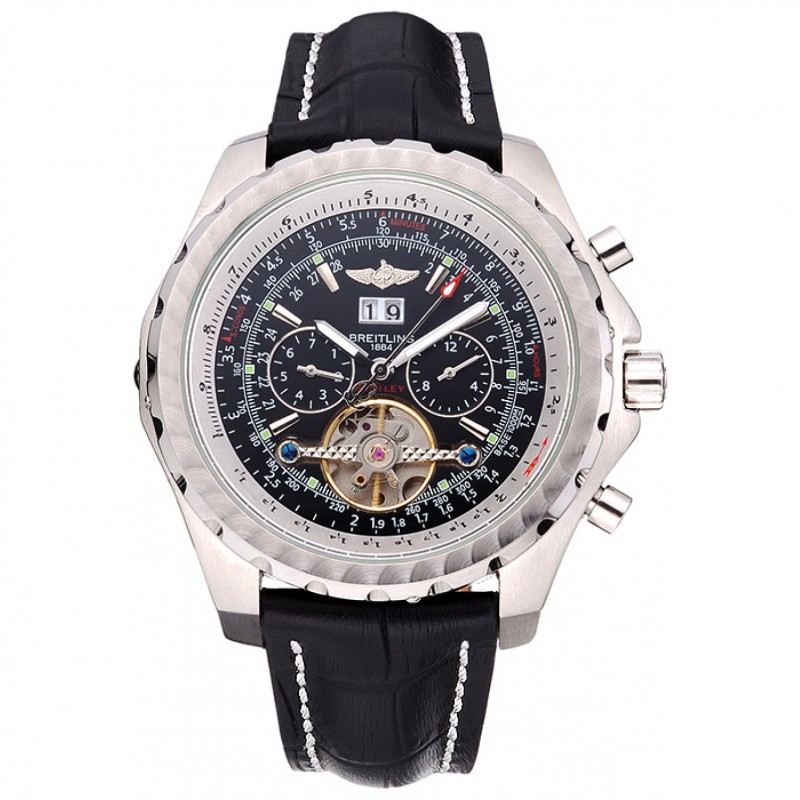 SS Breitling Bentley Mulliner Tourbillon Dial Negro caja de acero inoxidable Negro correa de cuero 622728